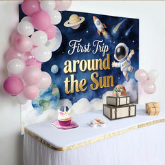 Lofaris Toile de fond pour 1er anniversaire espace avec astronaute et planètes, magnifique décor de fête cosmique pour studio photo