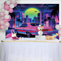 Lofaris Toile de fond de photographie rétro-futuriste ville néon voiture rose, arrière-plan vibrant style synthwave pour studio photo