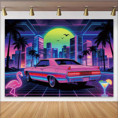 Lofaris Toile de fond de photographie rétro-futuriste ville néon voiture rose, arrière-plan vibrant style synthwave pour studio photo