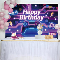 Lofaris Toile de fond anniversaire gaming néon avec manette de jeu et "Level Up", arrière-plan de fête pour studio photo