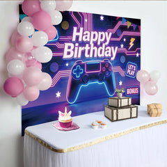 Lofaris Toile de fond anniversaire gaming néon avec manette de jeu et "Level Up", arrière-plan de fête pour studio photo