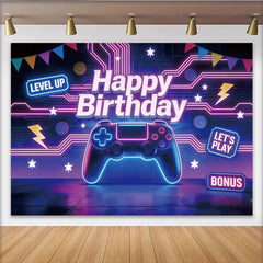 Lofaris Toile de fond anniversaire gaming néon avec manette de jeu et "Level Up", arrière-plan de fête pour studio photo
