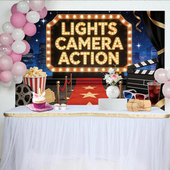 Lofaris Toile de fond cinéma Hollywood avec tapis rouge et lumières, décor de scène avec clap et pop-corn pour studio photo