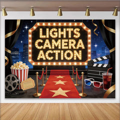Lofaris Toile de fond cinéma Hollywood avec tapis rouge et lumières, décor de scène avec clap et pop-corn pour studio photo