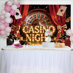 Lofaris Toile de fond soirée casino avec lumières, roulette et cartes à jouer, élégant arrière-plan de fête à thème avec jetons et dés