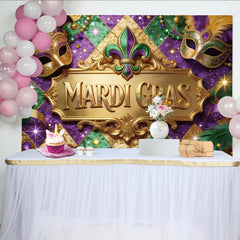 Lofaris Toile de fond de Mardi Gras avec masques dorés et paillettes violettes, magnifique décor festif avec perles et rubans pour événement