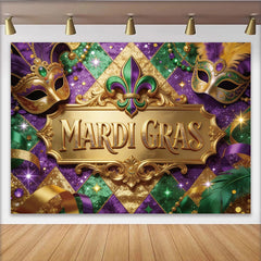 Lofaris Toile de fond de Mardi Gras avec masques dorés et paillettes violettes, magnifique décor festif avec perles et rubans pour événement