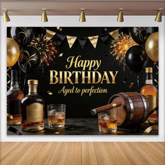 Lofaris Toile de fond joyeux anniversaire homme noir et or avec whisky et cigare, élégant décor de fête pour studio photo