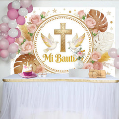 Lofaris Toile de fond baptême croix dorée et colombes, roses et pampas, élégant arrière-plan floral pour cérémonie religieuse et studio photo