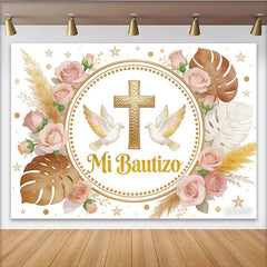 Lofaris Toile de fond baptême croix dorée et colombes, roses et pampas, élégant arrière-plan floral pour cérémonie religieuse et studio photo