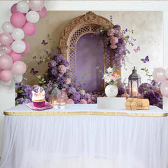 Lofaris Toile de fond de photographie florale avec arche sculptée et papillons violets, magnifique décor romantique pour studio photo