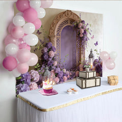 Lofaris Toile de fond de photographie florale avec arche sculptée et papillons violets, magnifique décor romantique pour studio photo