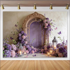 Lofaris Toile de fond de photographie florale avec arche sculptée et papillons violets, magnifique décor romantique pour studio photo