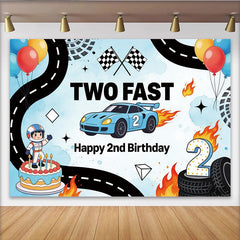 Lofaris Toile de fond pour 2ème anniversaire voiture de course et drapeaux à damier, décor de fête rapide avec ballons pour studio photo