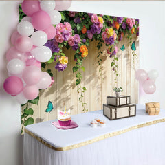 Lofaris Toile de fond de photographie florale colorée et papillons, élégant arrière-plan mural en bois pour studio photo printanier