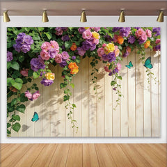 Lofaris Toile de fond de photographie florale colorée et papillons, élégant arrière-plan mural en bois pour studio photo printanier