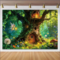 Lofaris Toile de fond de photographie forêt enchantée avec fée et lumières, arrière-plan magique avec maison dans l'arbre pour séance photo