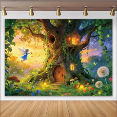 Lofaris Toile de fond de photographie forêt enchantée avec fée et cabane, arrière-plan magique pour studio photo et enfants