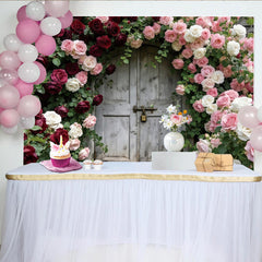 Lofaris Toile de fond de photographie jardin de roses vintage avec porte en bois, élégant arrière-plan floral pour studio photo ou événement