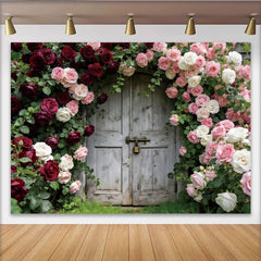Lofaris Toile de fond de photographie jardin de roses vintage avec porte en bois, élégant arrière-plan floral pour studio photo ou événement