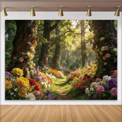 Lofaris Toile de fond de photographie paysage fleuri avec arbres et chemin, magnifique arrière-plan de forêt luxuriante pour studio photo