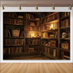Lofaris Toile de fond de photographie bibliothèque ancienne avec livres et bougies, sombre vintage pour portrait et ambiance mystérieuse