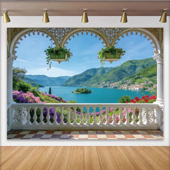 Lofaris Toile de fond de photographie paysage avec balcon, lac et montagnes fleuries, élégant arrière-plan pour studio photo