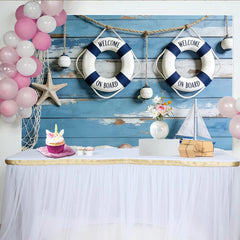 Lofaris Toile de fond de photographie thème marin avec bouées et bateau à voile, décor de plage rustique pour studio photo et fête d'été