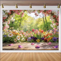Lofaris Toile de fond de photographie jardin fleuri printanier et table en bois, arrière-plan lumineux et verdoyant pour studio photo