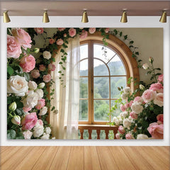 Lofaris Toile de fond de photographie fenêtre fleurie romantique avec roses roses et blanches, arrière-plan de paysage verdoyant