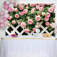 Lofaris Toile de fond de photographie florale avec roses roses et treillis blanc, élégant arrière-plan de jardin pour studio photo