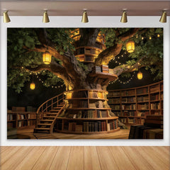 Lofaris Toile de fond de photographie bibliothèque enchantée avec arbre et livres anciens, arrière-plan féerique pour studio photo et portrait