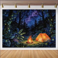Lofaris Toile de fond de photographie forêt nocturne avec tente et feu de camp, arrière-plan magique ciel étoilé pour studio photo