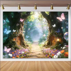 Lofaris Toile de fond de photographie forêt enchantée avec papillons et fleurs, magnifique arrière-plan féerique pour studio photo et fête