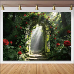 Lofaris Toile de fond de photographie d'arche de roses avec lumière du soleil, magnifique arrière-plan de forêt enchantée pour studio