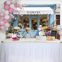 Lofaris Toile de fond de photographie devanture de fleuriste printanière, magnifique décor avec cerisiers en fleurs et vélo pour studio photo