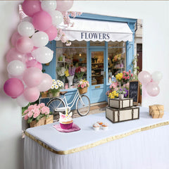 Lofaris Toile de fond de photographie devanture de fleuriste printanière, magnifique décor avec cerisiers en fleurs et vélo pour studio photo