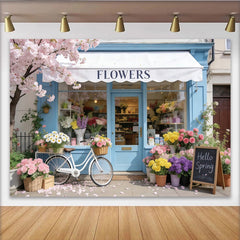 Lofaris Toile de fond de photographie devanture de fleuriste printanière, magnifique décor avec cerisiers en fleurs et vélo pour studio photo