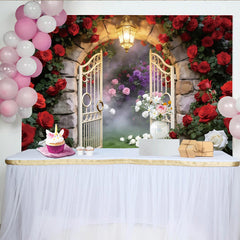 Lofaris Toile de fond de photographie arche fleurie avec roses rouges et porte élégante, magnifique décor de jardin romantique pour mariage