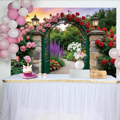 Lofaris Toile de fond de photographie jardin romantique avec arche fleurie et roses, magnifique arrière-plan pour studio photo et événement
