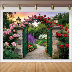 Lofaris Toile de fond de photographie jardin romantique avec arche fleurie et roses, magnifique arrière-plan pour studio photo et événement