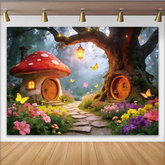 Lofaris Toile de fond de photographie forêt enchantée avec maison champignon et arbre, arrière-plan féerique pour studio photo et décoration