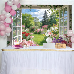 Lofaris Toile de fond fenêtre ouverte jardin fleuri avec roses et tulipes, magnifique arrière-plan de printemps pour studio photo professionnel