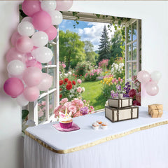 Lofaris Toile de fond fenêtre ouverte jardin fleuri avec roses et tulipes, magnifique arrière-plan de printemps pour studio photo professionnel