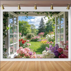 Lofaris Toile de fond fenêtre ouverte jardin fleuri avec roses et tulipes, magnifique arrière-plan de printemps pour studio photo professionnel