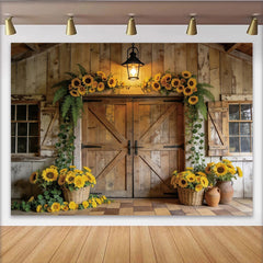 Lofaris Toile de fond de photographie rustique tournesols et porte de grange en bois, arrière-plan naturel pour studio photo et événement