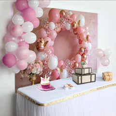 Lofaris Toile de fond de photographie ballons roses et or avec fleurs et papillons, élégant arrière-plan à pois pour studio photo
