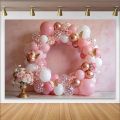 Lofaris Toile de fond de photographie ballons roses et or avec fleurs et papillons, élégant arrière-plan à pois pour studio photo