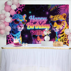 Lofaris Toile de fond Joyeux Anniversaire léopards fluo et feuilles tropicales, décor de fête vibrant avec arrière-plan pour studio photo