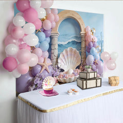 Lofaris Toile de fond pour baby shower sirène avec ballons pastel et étoiles de mer, magnifique décor de fête sous-marine pour séance photo